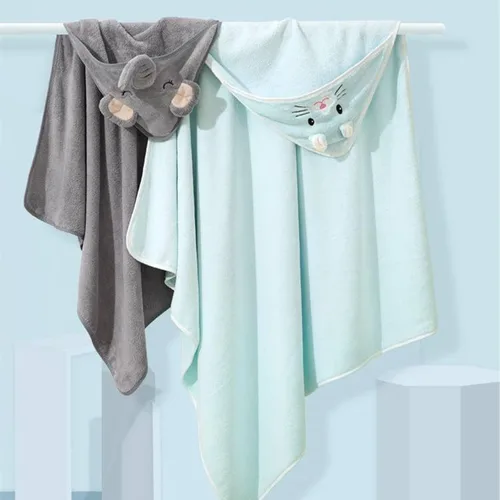 Vista 2 de Toalla de baño de franela con capucha de animal suave para niños, de dibujos animados, forro polar coral, para niños (azul claro)