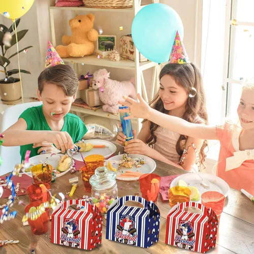 Vista 7 de chiazllta Cajas de regalo de fiesta de béisbol, cajas de regalo, galletas de caramelo de béisbol, caja de cartón con asas para niños, suministros