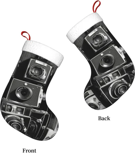 Vista 4 de Retro Cool Camera Collection - Calcetines de Navidad colgantes para decoración navideña, calcetines de Navidad de terciopelo de 18 pulgadas con puño