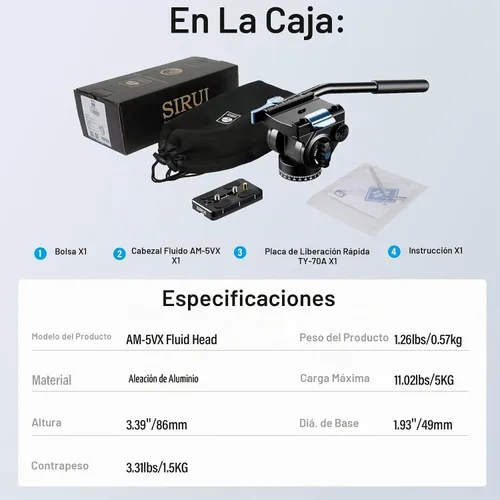 Vista 9 de SIRUI - Cabezal de video fluido AM-5VX, cabezal de trípode ligero con placa de liberación rápida para cámara de video