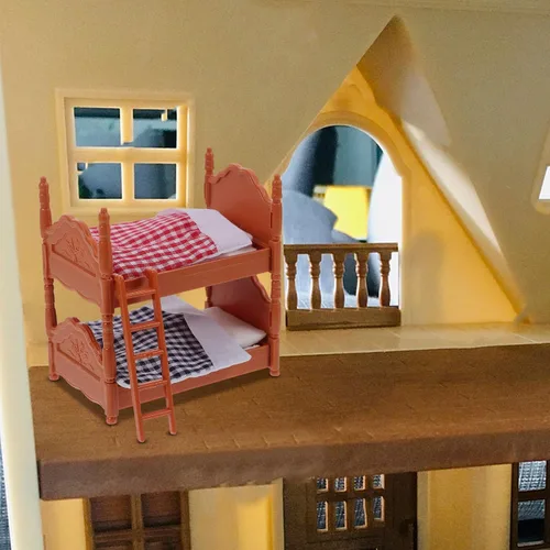 Vista 6 de Cama de casa de muñecas en miniatura, litera de madera para muñecas, casa de muñecas de simulación, accesorios de litera en miniatura, juego