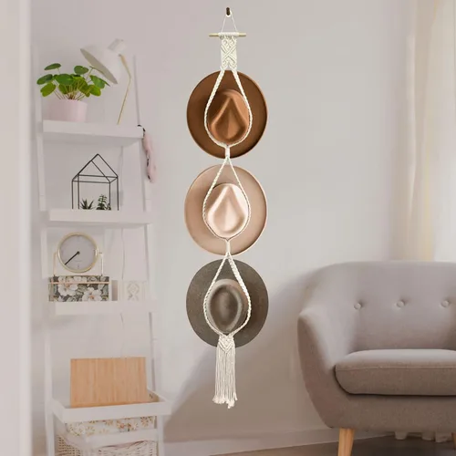 Vista 6 de Besoamo Perchas bohemias para sombreros, organizador de sombreros para pared, macramé para colgar en la pared, tejido a mano, organizador decorativo