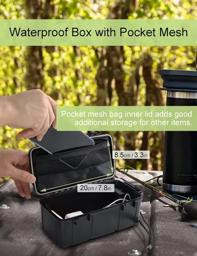 Vista 3 de Caja seca impermeable para kayak, caja de almacenamiento flotante de ABS con bisagra de acero inoxidable y bolsillo de malla, caja impermeable