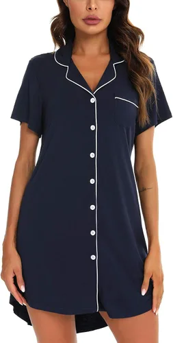 Vista 37 de Samring Camisón de pijama para mujer, manga corta/larga, con botones, camisón para dormir, camisón para novio, talla XXL