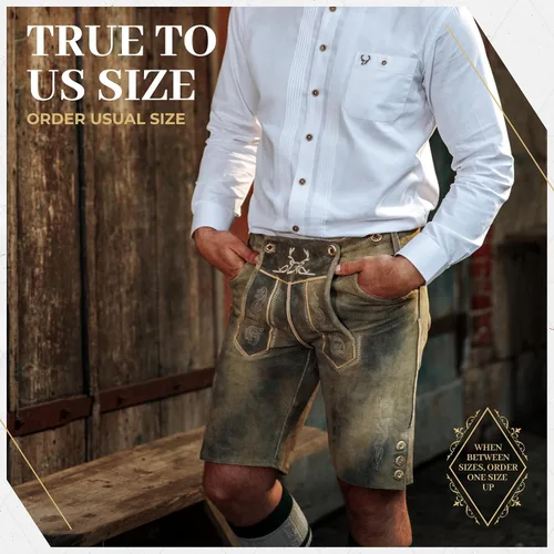 Vista 5 de Lederhosen Men Oktoberfest Costume, Genuine Leather German, Mushroom Brown Short