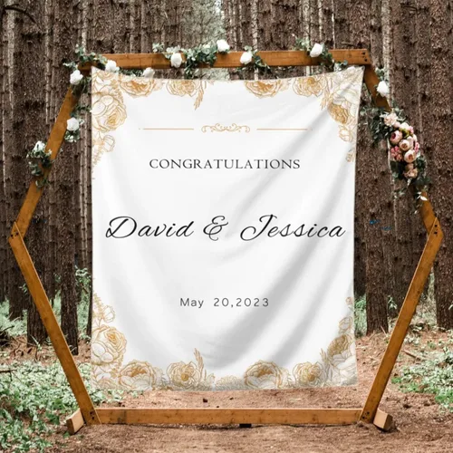 Vista 9 de Telón de fondo de boda personalizado, tapiz de felicitaciones de flores coloridas personalizado con nombres y fecha, pancarta de boda personalizada
