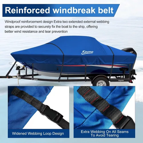 Vista 3 de Kayme Cubierta de lancha resistente 1200D para barcos de 14 a 16 pies, impermeable, resistente al desgarro con correas reforzadas al viento, ideal