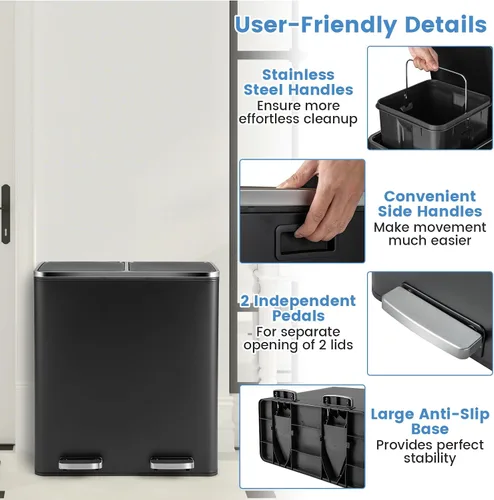 Vista 6 de Goplus Basurero doble de 60 litros (2 x 30 L)/16 galones de acero inoxidable, cubo de basura rectangular con cubos interiores y tapas con bisagras