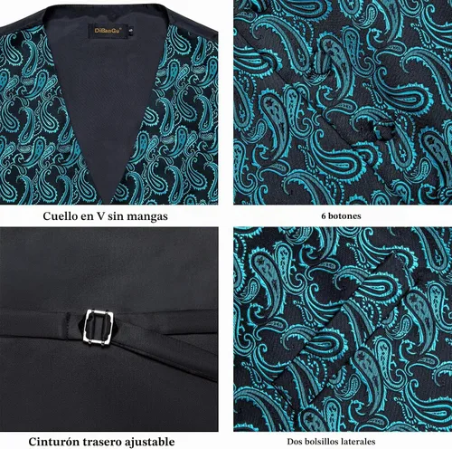 Vista 5 de DiBanGu Juego de chaleco y corbata para hombre, chaleco formal de cachemira y corbata con bolsillo cuadrado y gemelos, de seda, para traje o Verde