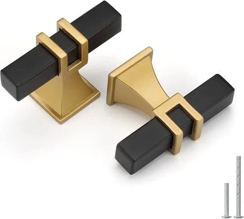 Vista 13 de Haliwu Paquete de 5 tiradores de gabinete con barra en T negra y dorada de 3 pulgadas, tiradores de puerta para armarios de cocina, manijas de zinc