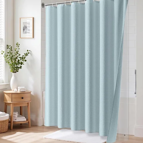 Vista 9 de 3 in 1 Waffle Shower Curtain Set with PEVA Liner 72Wx72H Fog Blue Azul Niebla