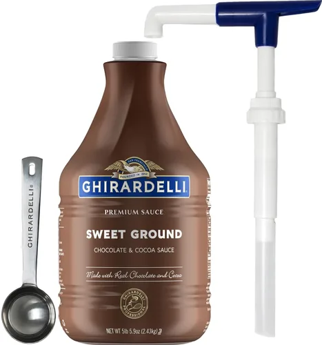 Vista 14 de Ghirardelli Salsa de caramelo, botella de 87.3 onzas (5 libras 7.3 onzas) con cuchara y bomba de barista estampada Ghirardelli