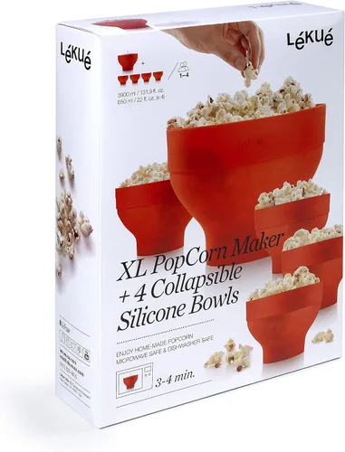 Vista 2 de Lekue Máquina para hacer palomitas de maíz jumbo con 4 cuencos plegables, juego de cuencos de silicona platino para palomitas de maíz