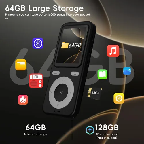 Vista 3 de Reproductor MP3 de 64GB con Bluetooth, Reproductor MP3 Portátil HiFi de Sonido Sin Pérdidas con Bluetooth con Altavoz, Grabadora de Voz