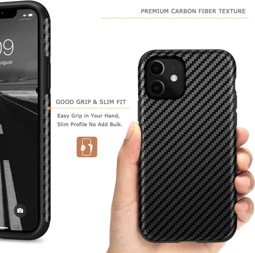 Vista 2 de Tasikar Compatible con iPhone 11, diseño de cuero de fibra de carbono con parachoques de TPU Premium Hybrid Case (negro)