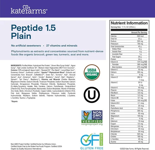 Vista 6 de KATE FARMS Fórmula Orgánica de Péptidos para Adultos 1.5, Natural, Fuente Única, Nutrición a Base de Plantas Hidrolizada para Alimentación Oral