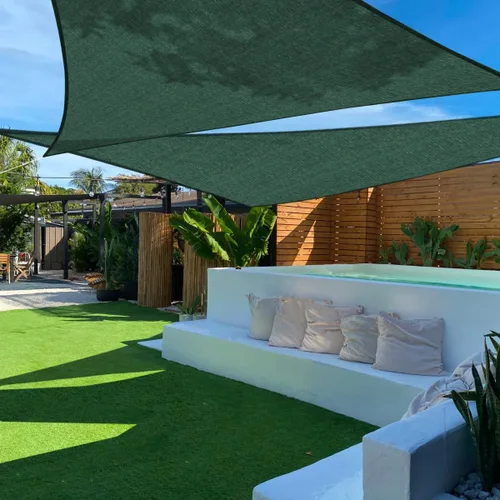 Vista 22 de TANG Toldo parasol triangular de 2 x 2 x 2 pies, para patio, tela permeable con bloqueo UV para pérgola, patio trasero, porche, terraza, jardín Beige