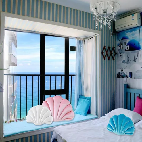 Vista 5 de Almohada con forma de concha de mar de terciopelo blanco, almohada de felpa con temática de mar y océano, almohada decorativa para cama, sofá