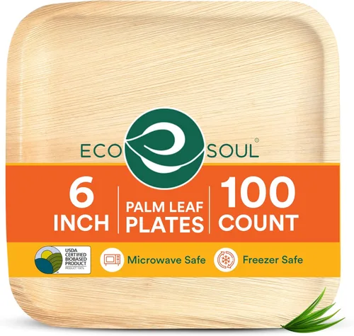Vista 17 de ECO SOUL Platos de Hoja de Palma de 6" Cuadrados (50 Unidades) – Desechables, Ecológicos, Platos de Aperitivo de Bambú Biodegradables – Vajilla
