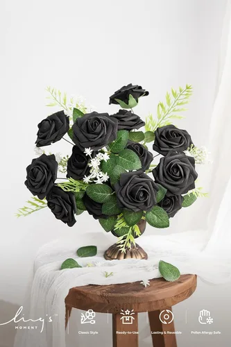 Vista 2 de Ling's Moment - Rosas artificiales de espuma, color negro, de aspecto realista con tallo, para bricolaje, decoración de Halloween, ramos de boda