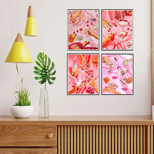 Vista 4 de KICHANG Juego de 4 piezas de pintura de diamante vintage rosa para adultos, kits de arte de diamantes 5D, diamantes redondos de taladro completo