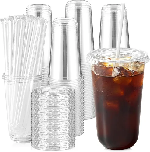 Vista 12 de Juego de 50 tazas de café de plástico transparente de 12 onzas con tapas y pajitas