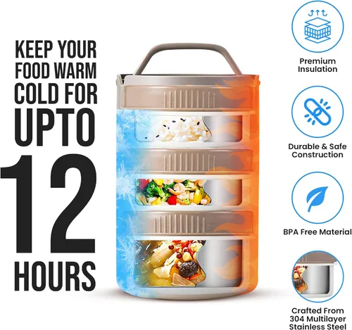Vista 4 de Tarro de alimentos aislado de 60 onzas con tapa para sostener el teléfono – Lonchera de acero inoxidable con 3 compartimentos – Bento térmico a