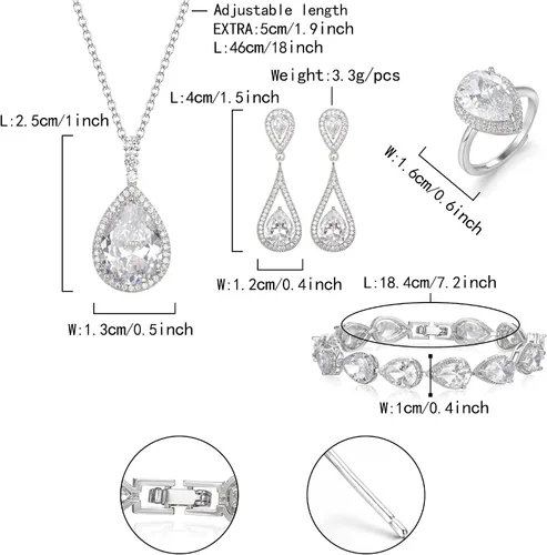 Vista 7 de Flyonce Juego de joyas de boda para novias, damas de honor, brillantes con circonita cúbica, colgante de lágrima, aretes colgantes, anillos