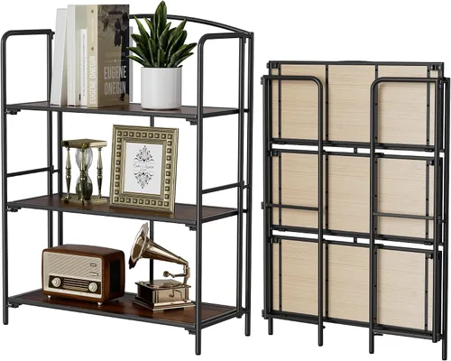 Vista 46 de Crofy - Estantería plegable sin montaje para sala de estar, estantería plegable de 2 niveles en color negro para oficina en casa, organizador