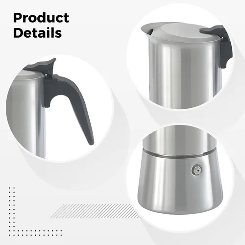 Vista 5 de Moka Pot 4-6 Cup, 300Ml Maker, 304 Stainless Steel Italian Coffee Maker, Double Valve For Home And Outdoor Use