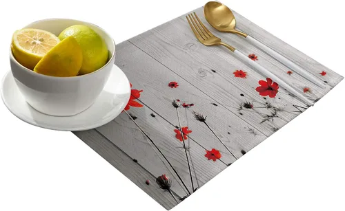 Vista 2 de Juego de 6 manteles individuales de flores de amapola roja para mesa de comedor, manteles individuales de lino de algodón gris rústico