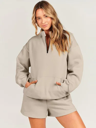 Vista 3 de ANRABESS Conjunto de 2 piezas para mujer, sudadera y pantalones cortos, de gran tamaño, casual, conjunto de sudadera para descansar, conjunto