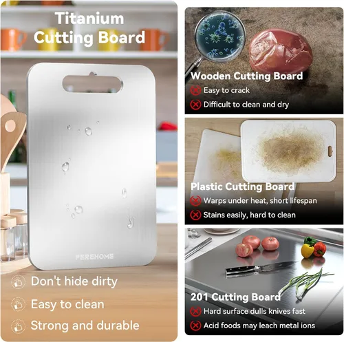 Vista 2 de Juego de 3 tablas de cortar de titanio para cocina, tabla de cortar de doble cara, 100% grado alimenticio, tablas de cortar con mango para carnes 3