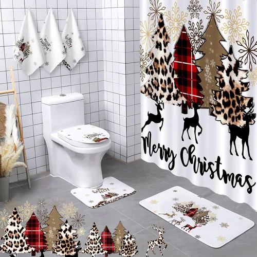 Vista 8 de Newwiee Juego de 7 Piezas para Baño de Navidad Decoración de Cortina de Ducha Xmas Cortina de Ducha Alfombras Antideslizantes y Toallas de Cocina 3