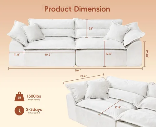 Vista 2 de Hobestluk Sofá modular de 104 pulgadas, sofá modular de 3 plazas, sofá sin hueso, sofá nube con cojín extraíble, sofás modulares seccionales