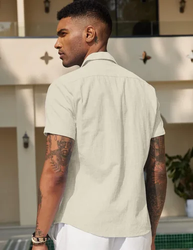 Vista 3 de COOFANDY Camisas de lino con botones para hombre de manga corta, camisa de playa casual