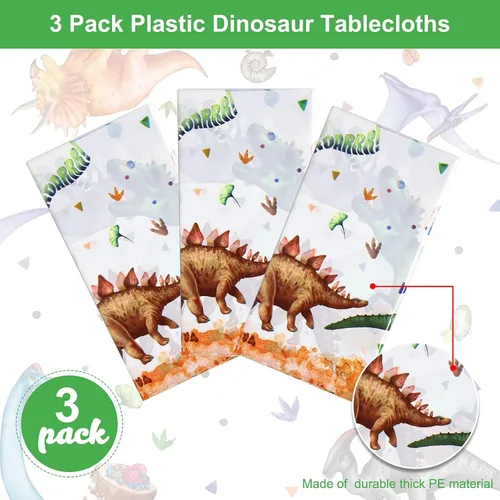 Vista 3 de Tatuo 3 manteles de dinosaurio de acuarela de 54 x 108 pulgadas, decoración de mesa de plástico de dinosaurio, desechable, impermeable, mantel