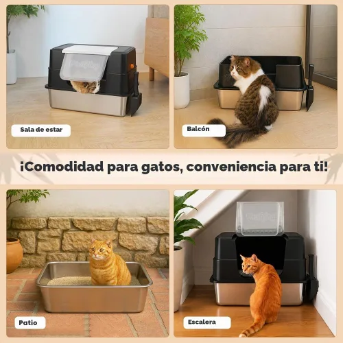 Vista 6 de Vivifying Caja de arena XL para gatos de acero inoxidable con tapa, entrada