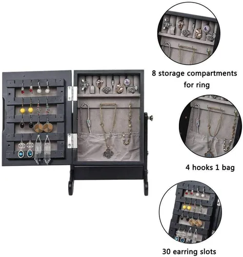 Vista 4 de FRITHJILL Pequeño Armario de Joyería, Caja de Almacenamiento de Joyería, Mini Mesa Organizador de Joyería Inclinante, Negro