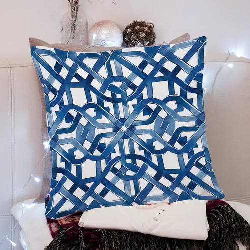 Vista 8 de Funda de cojín geométrica de enrejado de laberinto azul y blanco, funda de cojín decorativa de celosía Ming Trail, funda de almohada abstracta