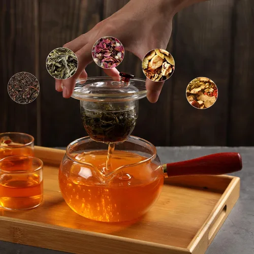 Vista 6 de WHJY Tetera de vidrio con infusor para té suelto, pequeña tetera mágica transparente para estufa, tetera japonesa transparente con mango de madera