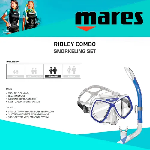 Vista 2 de Mares Women's/Youth Ridley Combo Snorkel Kit - Dual Lens Mask & Anti-Splash Snorkel Set for Snorkeling
