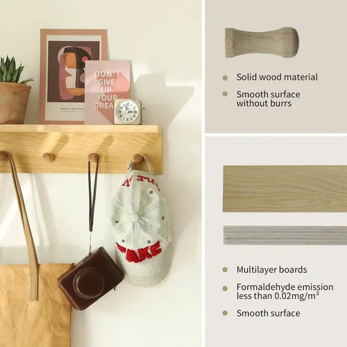 Vista 5 de Perchero de pared con estante, estante flotante de madera resistente con ganchos para ahorrar espacio interior, organizador de pared adecuado