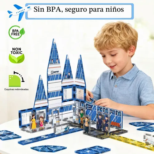 Vista 2 de AFUNX - Azulejos magnéticos, set de 54 piezas con tema de aeropuerto, bloques de construcción magnéticos y juguetes educativos STEM para niños