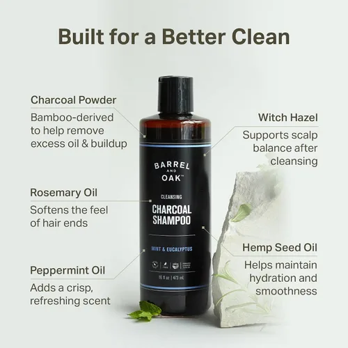 Vista 3 de Barrel & Oak Champú de carbón de menta y eucalipto para hombres, champú limpiador para hombres con extractos botánicos y aceites esenciales, cuidado