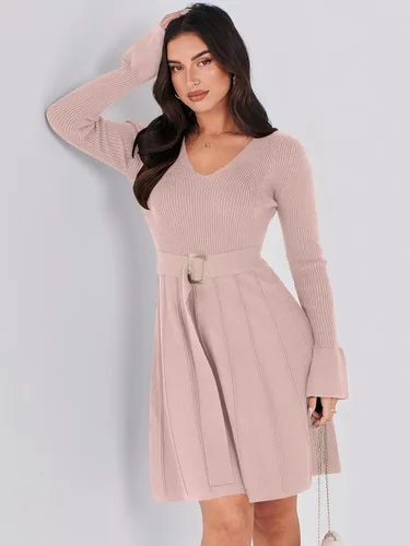 Vista 3 de ANRABESS Vestido tipo suéter de manga larga con cuello en V y lazo en la cintura, plisado, acampanado, elegante, de punto acanalado, vestido midi