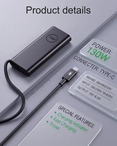 Vista 4 de Cargador USB C de 130 W compatible con Dell Precision 5530 5550 5560 5570 5750 5760 5770, Latitude 5401 5411 5501 5511 5520, XPS 15 17 9575 9500