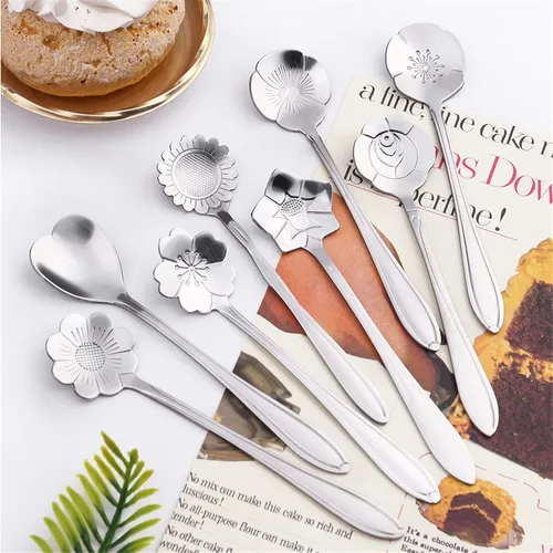 Vista 2 de NMQLX Juego de cucharas de postre, 6-16 cucharas de acero inoxidable con forma de flor de 7 pulgadas, cuchara de frutas para helado para el hogar