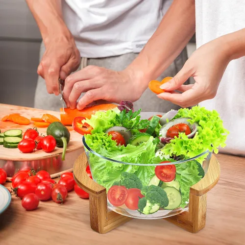 Vista 7 de Ensaladera grande de vidrio con base de madera, 84.5 fl oz, resistente al calor, para frutas, aperitivos, postres, microondas y lavavajillas, ideal