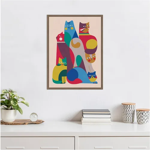 Vista 5 de Kate and Laurel Lienzo enmarcado para pared, diseño de gatos abstractos retro modernos 02 por Rachel Lee de 18 x 24 pulgadas, marco de nogal Sylvie